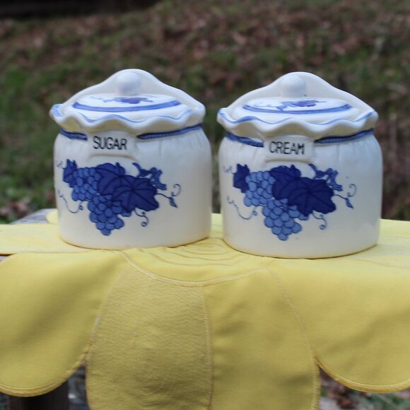 Vintage Ceramic Wall Pockets – Blue Grape Design – Farmhouse Canisters - Picture 2 of 15